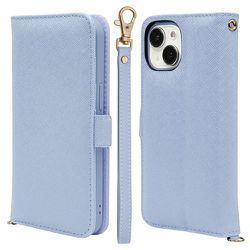 7584IP361BO [iPhone 15/iPhone14/13用 ケース カバー 手帳型 カード入れ スタンド機能 ハンドストラップ付き ライトブルー]