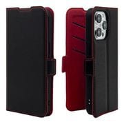 7653IP361PBO [iPhone 15 Pro用 ケース カバー 手帳型 薄型 耐衝撃吸収 カード入れ スタンド機能 サイドマグネット BK×RD]
