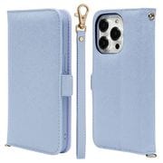 7656IP361PBO [iPhone 15 Pro用 ケース カバー 手帳型 カード入れ スタンド機能 ハンドストラップ付き ライトブルー]