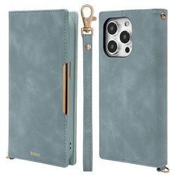 7659IP361PBO [iPhone 15 Pro用 ケース カバー スウェード調 手帳型 鏡 ミラー ハンドストラップ付き Felicy ブルーグレー]