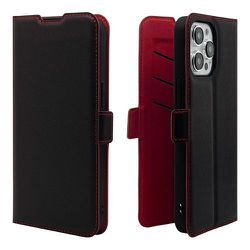 7714IP367PBO [iPhone 15 Pro Max用 ケース カバー 手帳型 薄型 耐衝撃吸収 カード入れ スタンド機能 サイドマグネット BK×RD]