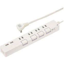 節電タップ 光る押しボタンスイッチ 雷ガード4個口 USBポート付き 2mホワイト HS-TPKU42W-22