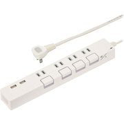 節電タップ 光る押しボタンスイッチ 雷ガード4個口 USBポート付き 2mホワイト HS-TPKU42W-22