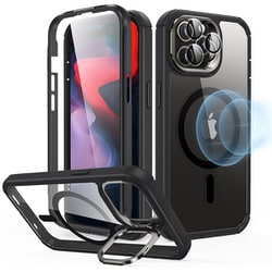 ESR Armor Tough Case with Stash Stand（HaloLock） Compatible with iPhone 15 Pro Max Clear Black [iPhone 15 Pro Max用 カメラリングスタンドつき強化ガラス製保護フィルム内蔵 レンズフィルム付き2パートクリアケース]