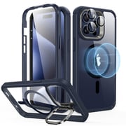 ESR Armor Tough Case with Stash Stand（HaloLock） Compatible with iPhone 15 Pro Max Clear Dark Blue [iPhone 15 Pro Max用 カメラリングスタンドつき強化ガラス製保護フィルム内蔵 レンズフィルム付き2パートクリアケース]