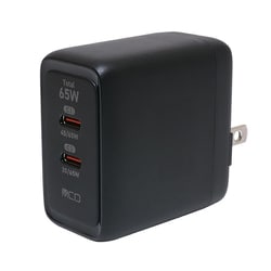 USB急速充電器 USB PD（パワーデリバリー）対応 65W  USB-C×2 GaN（窒素ガリウム）採用 2台同時充電可能 ブラック IPA-C08/BK