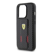 GRIP STAND FUNCTION CASE WITH METAL SHIELD LOGO ON CARBON PU LEATHER CONTRASTED BLACK iPhone 15 Pro FEHCP15LGSNCAK