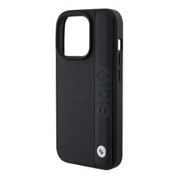 BMW - SIGNATURE COLLECTION - GENUINE LEATHER CASE TEXTURED AND BIG LOGO STRIPE BLACK iPhone 15 Pro BMHCP15L22RDPK