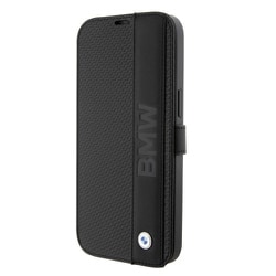BMW - SIGNATURE COLLECTION - GENUINE LEATHER BOOKTYPE CASE TEXTURED AND BIG LOGO STRIPE BLACK iPhone 15 Pro BMBKP15L22RDPK