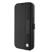 BMW - SIGNATURE COLLECTION - GENUINE LEATHER BOOKTYPE CASE TEXTURED AND BIG LOGO STRIPE BLACK iPhone 15 Pro BMBKP15L22RDPK