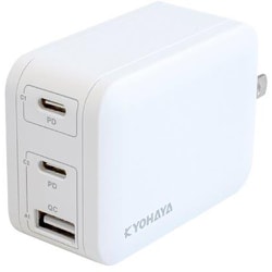 USB急速充電器 USB PD（パワーデリバリー）/QC（クイックチャージ）対応 65W（1ポート最大） USB-C×2/USB-A×1 GaN（窒化ガリウム）搭載 PPS充電対応 スイングプラグ採用 ホワイト JKPD65M3WH