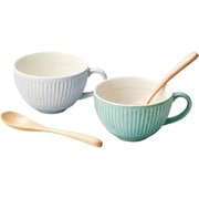 リップル スープカップ 2個セット ペア 木製スプーン付 約410ml /食洗機対応/電子レンジ対応/ ベージュ＆グリーン 266349