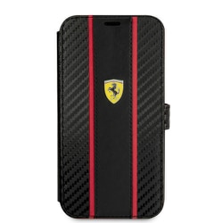 FEBKP15SNMBK [FFERRARI BOOKTYPE CASE PU CARBON EFFECT ＆ CENTRAL SMOOTH PU STRIPE METAL LOGO BLACK iPhone 15用ケース]