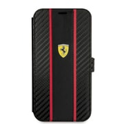 FEBKP15SNMBK [FFERRARI BOOKTYPE CASE PU CARBON EFFECT ＆ CENTRAL SMOOTH PU STRIPE METAL LOGO BLACK iPhone 15用ケース]