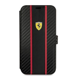 FEBKP15XNMBK [FFERRARI BOOKTYPE CASE PU CARBON EFFECT ＆ CENTRAL SMOOTH PU STRIPE METAL LOGO BLACK iPhone 15 Pro Max用ケース]