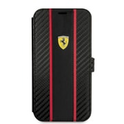 FEBKP15XNMBK [FFERRARI BOOKTYPE CASE PU CARBON EFFECT ＆ CENTRAL SMOOTH PU STRIPE METAL LOGO BLACK iPhone 15 Pro Max用ケース]