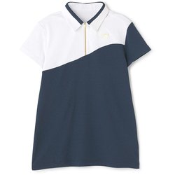 012-4168502-121-2 [ゴルフシャツ レディース マイクロチェック柄 ハーフジップ カラーシャツ 半袖 2サイズ ネイビー]