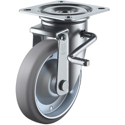 PMS-130WBLB(R)-G [ユーエイ プレート式 自在 キャスター グレーゴム 車輪径130mm ストッパー付き PMタイプ PMS-LB（R）型 取付寸法90×90（80×80）]