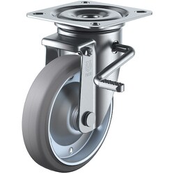ユーエイ プレート式 自在 キャスター グレーゴム 車輪径200mm ストッパー付き PMタイプ PMS-LB（R）型 取付寸法120×120（105×105） PMS-200WBLB(R)-G