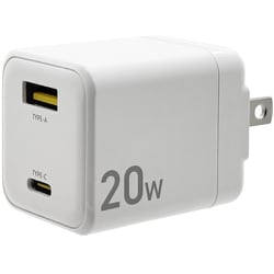 USB急速充電器 USB PD（パワーデリバリー）対応 20W USB-C×1/USB-A×1 GaN窒化ガリウム 90度回転収納式プラグ ホワイト C2CA20W02WH