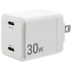 USB急速充電器 USB PD（パワーデリバリー）対応 30W USB-C×2 GaN IC採用 回転収納式プラグ ホワイト C22C30W01WH
