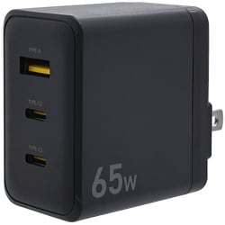 USB急速充電器 USB PD（パワーデリバリー）対応 65W USB-C×2/USB-A×1 PPS対応 GaN IC採用 回転収納式プラグ チャコールグレー C22CA65W01CGRY