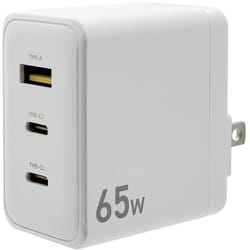 USB急速充電器 USB PD（パワーデリバリー）対応 65W USB-C×2/USB-A×1 PPS対応 GaN IC採用 回転収納式プラグ ホワイト C22CA65W01WH