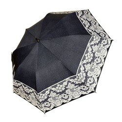 ショートワイド傘 晴雨兼用 リネン無地×リバーレースプリント 55cm 手開き式 UVカット加工 遮熱 遮光 ネイビー 27396NV