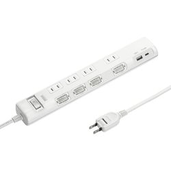 電源タップ 節電タップ 4個口 USB Type-C Type-A PD20W 一括スイッチ 個別スイッチ 延長コード テーブルタップ 雷ガード 1m ホワイト TAP-B107UC-1W