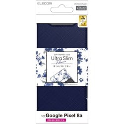 PM-P241PLFUJNV [Google Pixel 8a用 ケース レザー カバー 手帳型 マグネット フラップ 衝撃吸収 超軽量 薄型 ワイヤレス充電可 ストラップホール付 スタンド機能付 花柄 UltraSlim ネイビー]