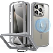 Armor Tough Case with Stash Stand （HaloLock） for iPhone 15 Pro Max - Clear Grey [iPhone 15 Pro Max対応カメラリングスタンドつき強化ガラス製保護フィルム内蔵、レンズフィルム付き2パートクリアケース]