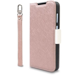 Galaxy A55 5G用 手帳型ケース カード収納 ストラップ スタンド機能付 PU レザー デニム NU シャンパンローズ×ホワイト CR_A5ECSPDNA_CW