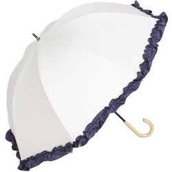 日傘 長傘 晴雨兼用 ショート丈 ラタン深張 colon FRILL シングルフリル 50cm 手開き式 一級遮光 UVカット加工 オフ×ネイビー M50DQ-081API-off-navy