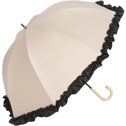 日傘 長傘 晴雨兼用 ショート丈 ラタン深張 colon FRILL シングルフリル 50cm 手開き式 一級遮光 UVカット加工 ベージュ×ブラック M50DQ-081API-beige-black