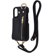 IS-P46OLC2/B [iPhone 16用 m1n1 ミニ ショルダー ネック ストラップ ポーチ付き オープンレザーケース/ブラック]