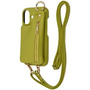 IS-P46OLC2/G [iPhone 16用 m1n1 ミニ ショルダー ネック ストラップ ポーチ付き オープンレザーケース/ピスタチオ]
