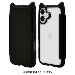 8101IP461BHPBK [iPhone 16用 猫耳手帳型ハイブリッドケース 猫耳 猫 衝撃吸収 TPU＋PC かわいい ブラック]