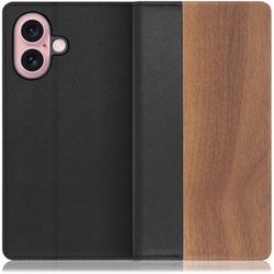 WORK08IP-KU-IP16 [iPhone 16 用 天然木仕様の本革スマホケース/スタンド機能＆カードポケット付き 胡桃]