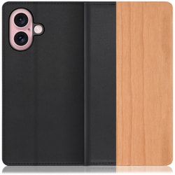 WORK08IP-SA-IP16 [iPhone 16 用 天然木仕様の本革スマホケース/スタンド機能＆カードポケット付き 桜]
