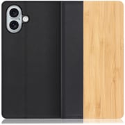 WORK08IP-TA-IP16PS [iPhone 16 Plus 用 天然木仕様の本革スマホケース/スタンド機能＆カードポケット付き 竹]