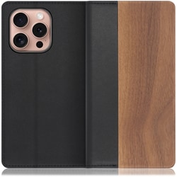 WORK08IP-KU-IP16PRO [iPhone 16 Pro 用 天然木仕様の本革スマホケース/スタンド機能＆カードポケット付き 胡桃]