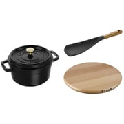 STAUB 50thアニバーサリーセット(ピコ・ココット ラウンド 18cm ブラック/マグネットトリベットRD 23cm/マルチスプーン) IH対応 生涯保証・国内正規販売品 Z1031-161