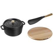 STAUB 50thアニバーサリーセット（ココット ラウンド 22cm ブラック/マグネットトリベットRD 23cm/マルチスプーン） IH対応 生涯保証・国内正規販売品 Z1031-968