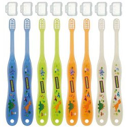 TB4SE [歯ブラシ 乳児用 0-3才 やわらかめ 8本入 セット ディノサウルス 個包装 キャップ付き 15cm]