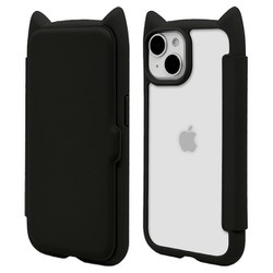 8350IP361BHPBK [iPhone 15/14/13用 猫耳手帳型ハイブリッドケース 猫耳 猫 衝撃吸収 TPU＋PC ブラック]