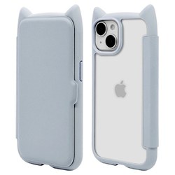 8353IP361BHPSBL [iPhone 15/14/13用 猫耳手帳型ハイブリッドケース 猫耳 猫 衝撃吸収 TPU＋PC スモーキーブルー]