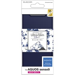PM-S244PLFUJNV [AQUOS sense9 SH-53E ケース レザー カバー 手帳型 マグネット フラップ 衝撃吸収 超軽量 薄型 ストラップホール付 スタンド機能付 花柄 UltraSlim ネイビー]