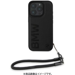 BMHCP16X23RMRLK [iPhone 16 Pro MAX用 ケース 本革 バックカバー BMWのビックロゴを配置しインパクトのあるデザイン 太紐ストラップ付 ブラック]