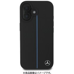 MEHMP16S23RURBK [iPhone 16用 ケース 本革 バックカバー 高級感ある本革を使用 ケース し背面中央にブルーストライプをデザイン Magsafe充電対応 ブラック/フブルーライン]