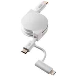 USB2.0 Type-C巻き取りケーブル（Lightning変換アダプタ付き） PD60W MFI認証品 80cm ホワイト KB-IPLTCM08W